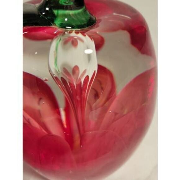 Joe Rice Art Glass Paperweight Red Apple Windowed Clear Glass w/ red floral NICE - Picture 9 of 16